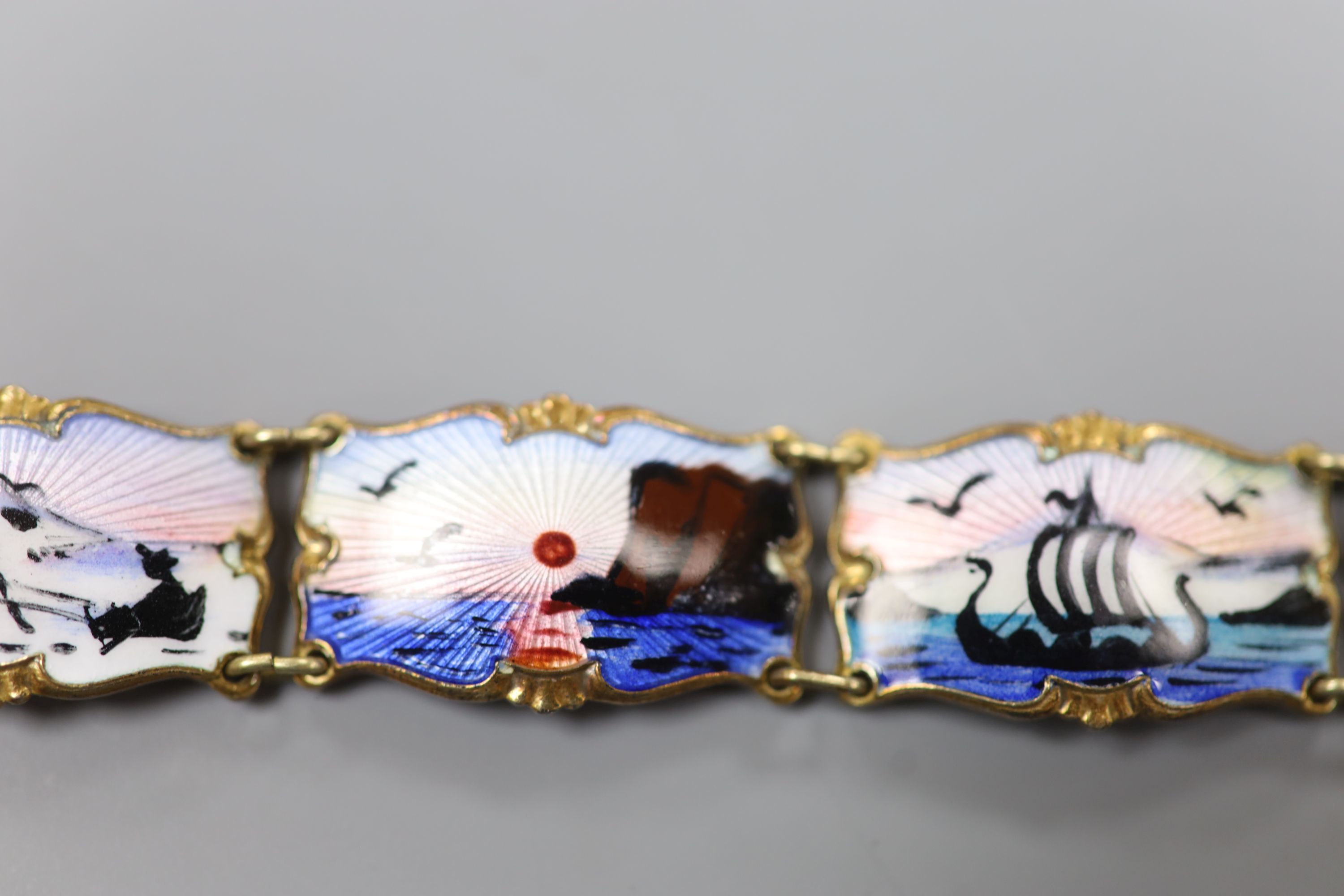 A 20th century Norwegian 830S and polychrome enamel panel set bracelet, 18.5cm